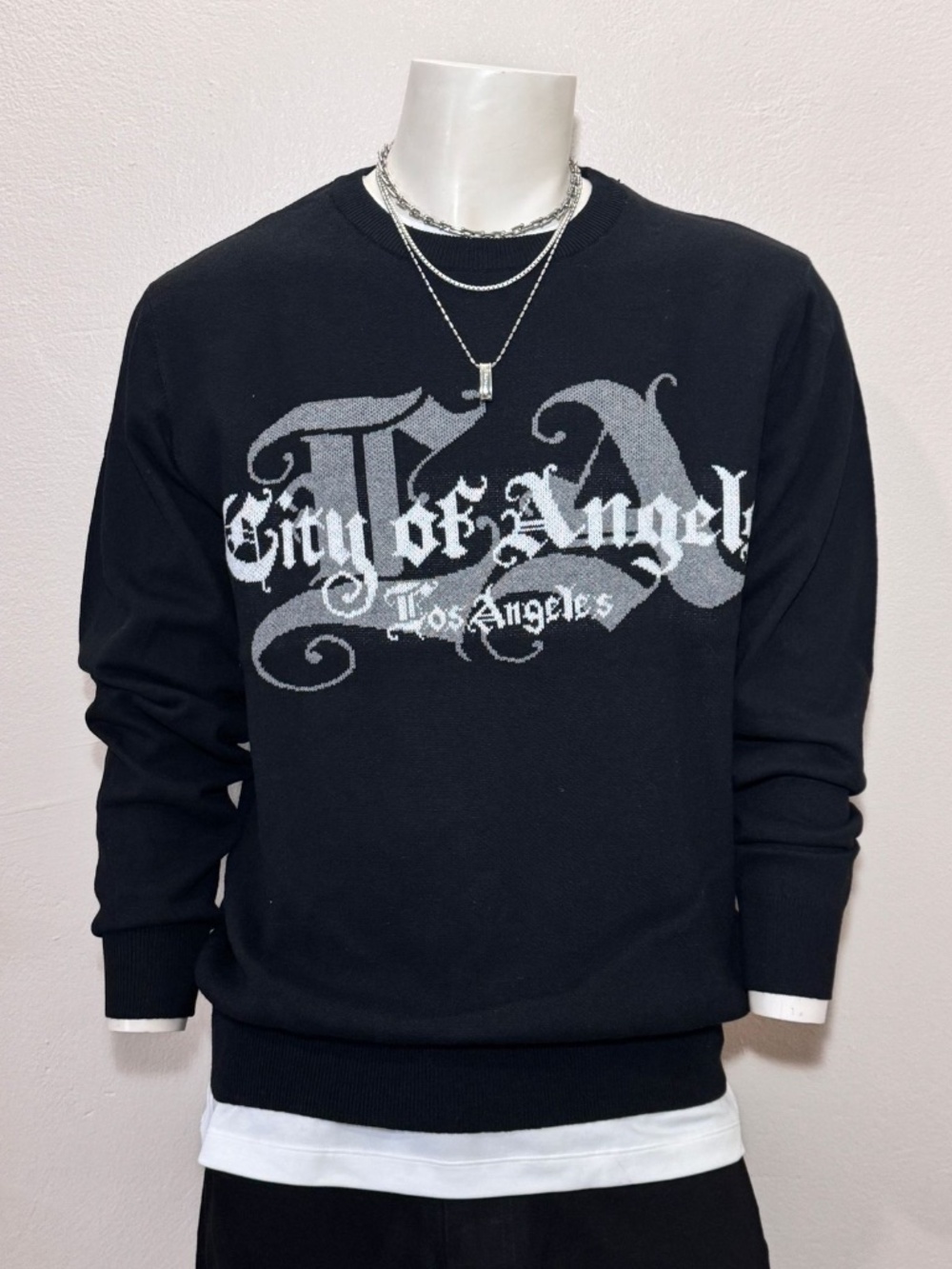 WXYZ Los Angeles Men’s City of Angels Knit Crewneck Sweater Black White L NWOT